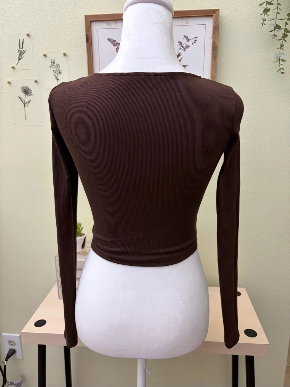 Zara Espresso Brown Ribbed Ruched Drawstring Crop Top Size S